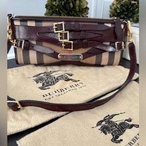 BURBERRY 
House Check Bridle Calfskin Mini Parmoor Clutch Bag Dark Burgandy